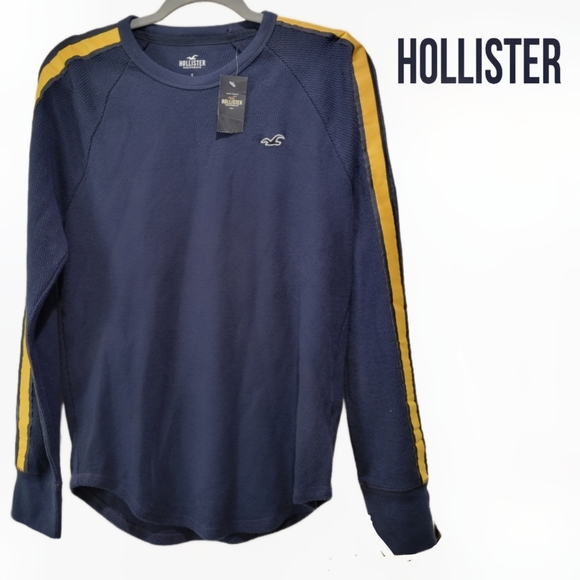 NWT HOLLISTER long sleeve waffle tshirt. Unisex Navy Blue with yellow - Picture 1 of 5
